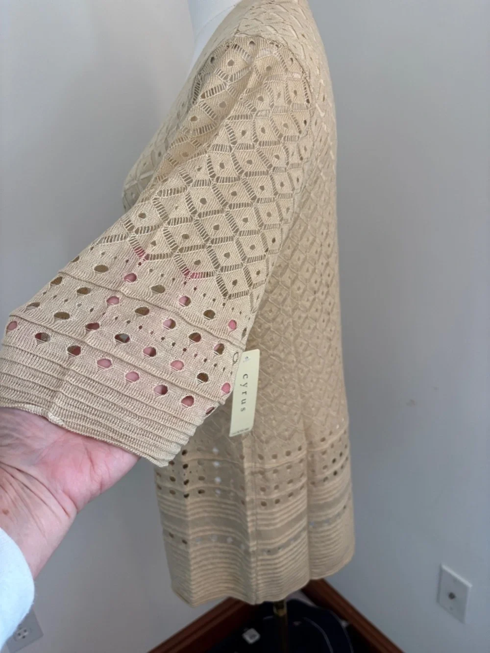 Cyrus Beige Open-Knit Short Sleeve Cardigan - Picture 3 of 5